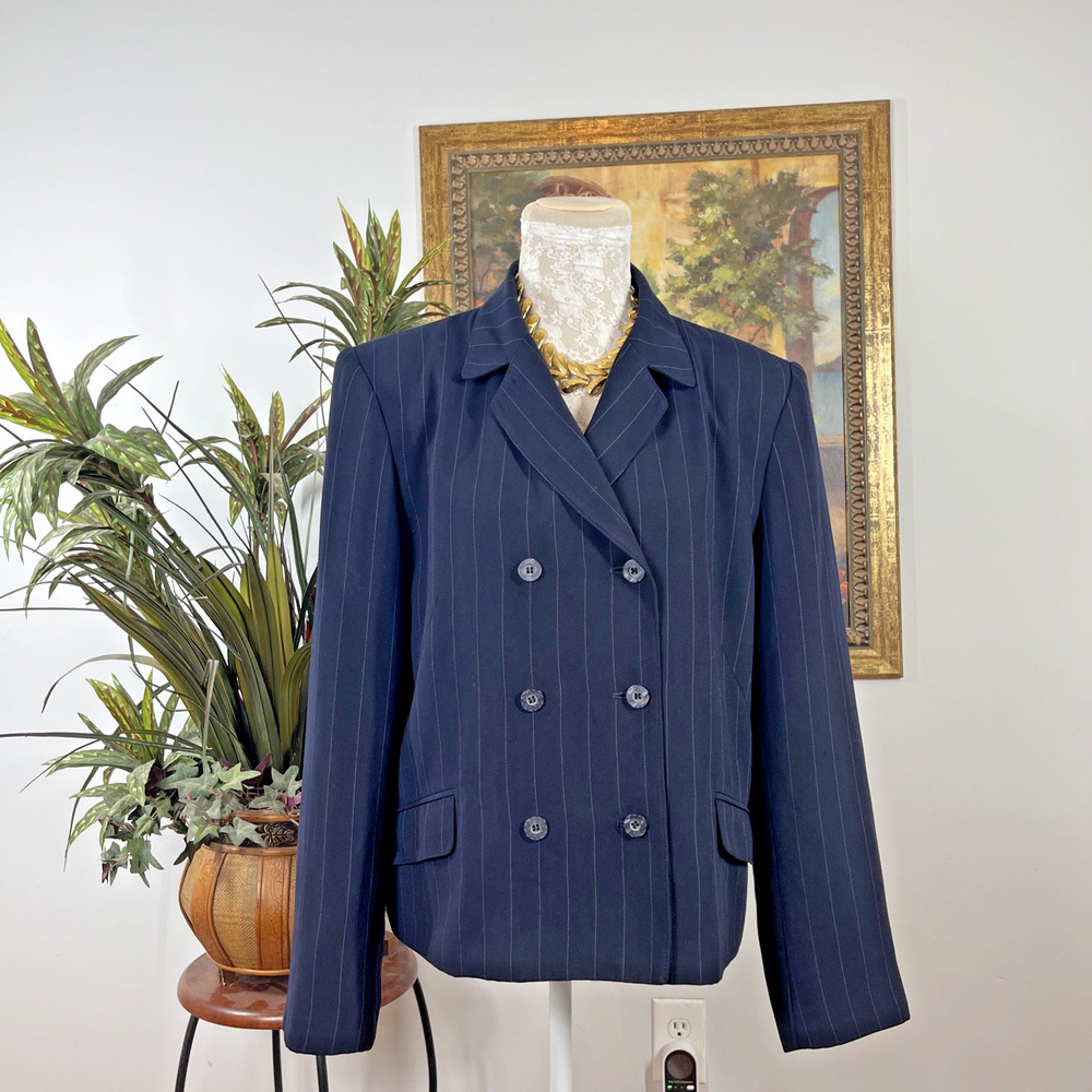 Norton Mcnaughton Woman Navy Striped Blazer Jacket Size 14 Double Breasted